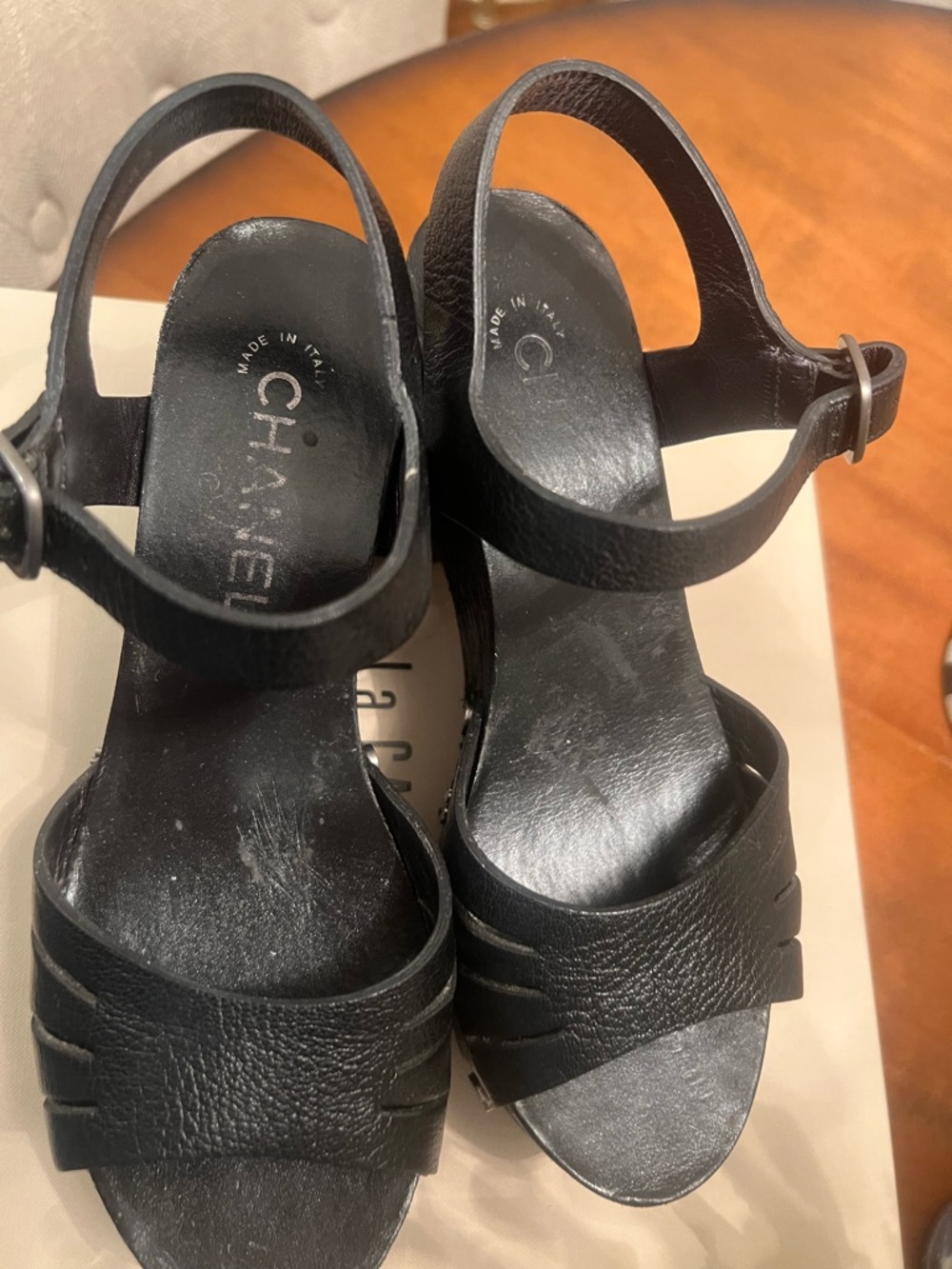 CHANEL Black Leather Platform Slingback Sandals with Buckle
